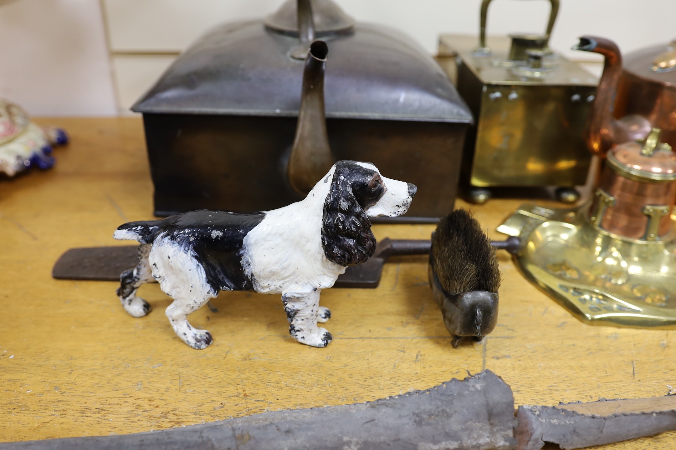 Mixed metalwares including an art nouveau copper and brass inkwell, painted model of a spaniel, honour box etc